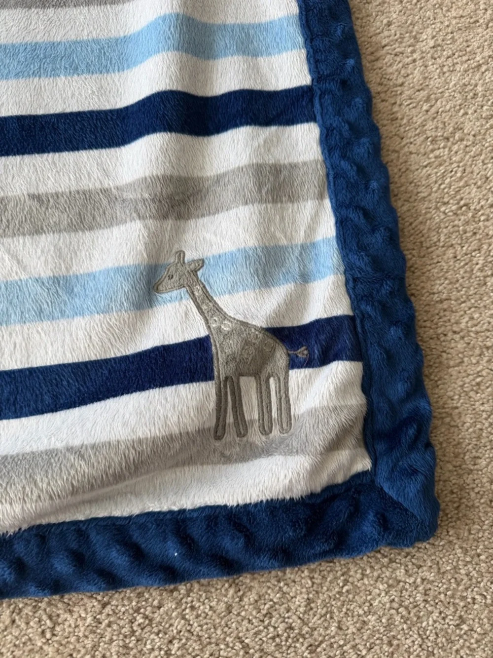 Child of Mine Minky/Sherpa Blue Stripe Giraffe Baby Blanket